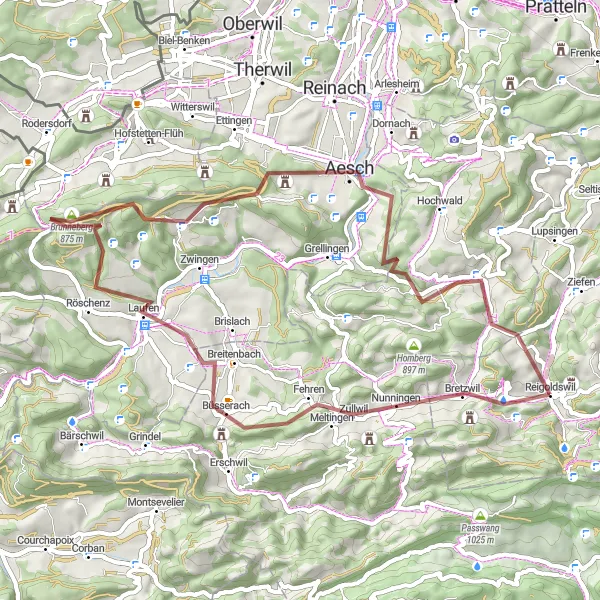 Karttaminiaatyyri "Reigoldswil - Bretzwil - Chilchberg - Breitenbach - Burgkopf - Aesch - Seewen - Strick" pyöräilyinspiraatiosta alueella Nordwestschweiz, Switzerland. Luotu Tarmacs.app pyöräilyreittisuunnittelijalla