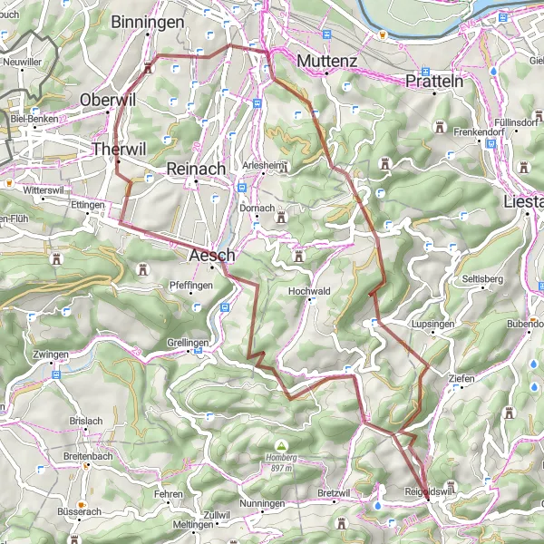 Miniatura della mappa di ispirazione al ciclismo "Avventura Gravel da Aesch a Strick" nella regione di Nordwestschweiz, Switzerland. Generata da Tarmacs.app, pianificatore di rotte ciclistiche