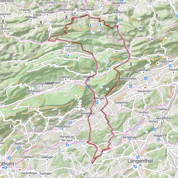 Map miniature of "The Gravel Expedition" cycling inspiration in Nordwestschweiz, Switzerland. Generated by Tarmacs.app cycling route planner