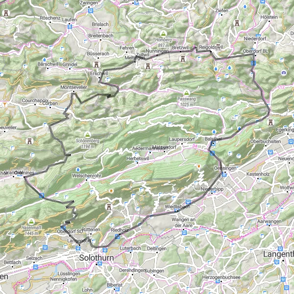 Karttaminiaatyyri "Reigoldswil - Oberdorf BL - Oberer Hauenstein - Balsthal - Lehnflue - Brästenberg - Feldbrunnen - Dilitschchopf - Gänsbrunnen - La Hauteur - Vermes - Chilchberg - Zullwil - Deixberg - Reigoldswil" pyöräilyinspiraatiosta alueella Nordwestschweiz, Switzerland. Luotu Tarmacs.app pyöräilyreittisuunnittelijalla