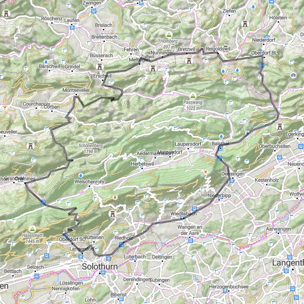 Map miniature of "Reigoldswil Round-Trip Cycling Route" cycling inspiration in Nordwestschweiz, Switzerland. Generated by Tarmacs.app cycling route planner