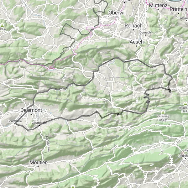 Kartminiatyr av "Utfordrende Veisykling til Laufen" sykkelinspirasjon i Nordwestschweiz, Switzerland. Generert av Tarmacs.app sykkelrutoplanlegger