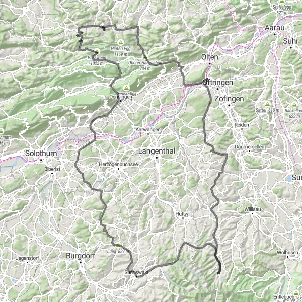 Karttaminiaatyyri "Eggistä Bretzwiliin kulkeva maantiepyöräreitti" pyöräilyinspiraatiosta alueella Nordwestschweiz, Switzerland. Luotu Tarmacs.app pyöräilyreittisuunnittelijalla