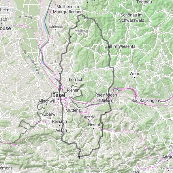 Miniature de la carte de l'inspiration cycliste "Parcours mystérieux de Tegernau et Lauwil" dans la Nordwestschweiz, Switzerland. Générée par le planificateur d'itinéraire cycliste Tarmacs.app