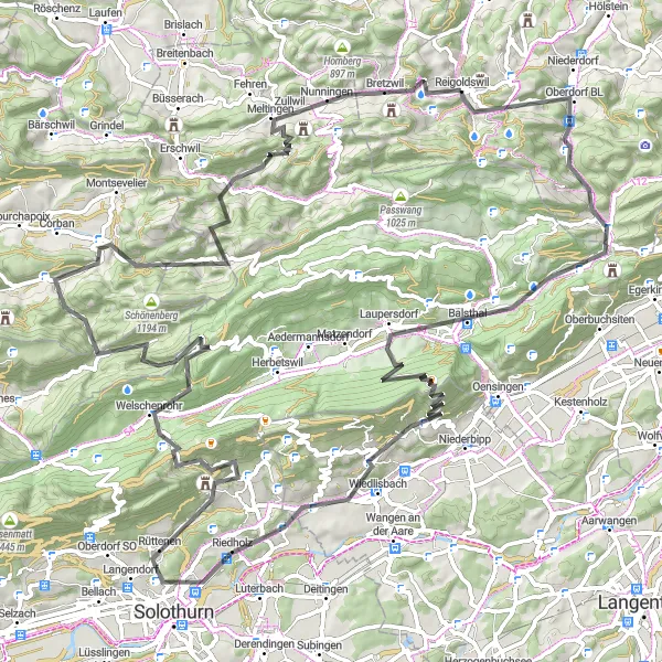 Miniatura della mappa di ispirazione al ciclismo "Esplorazione su strada tra le colline di Reigoldswil" nella regione di Nordwestschweiz, Switzerland. Generata da Tarmacs.app, pianificatore di rotte ciclistiche