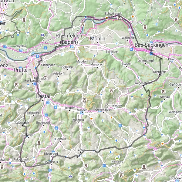 Zemljevid v pomanjšavi "Kolesarjenje po slikoviti pokrajini" kolesarske inspiracije v Nordwestschweiz, Switzerland. Generirano z načrtovalcem kolesarskih poti Tarmacs.app