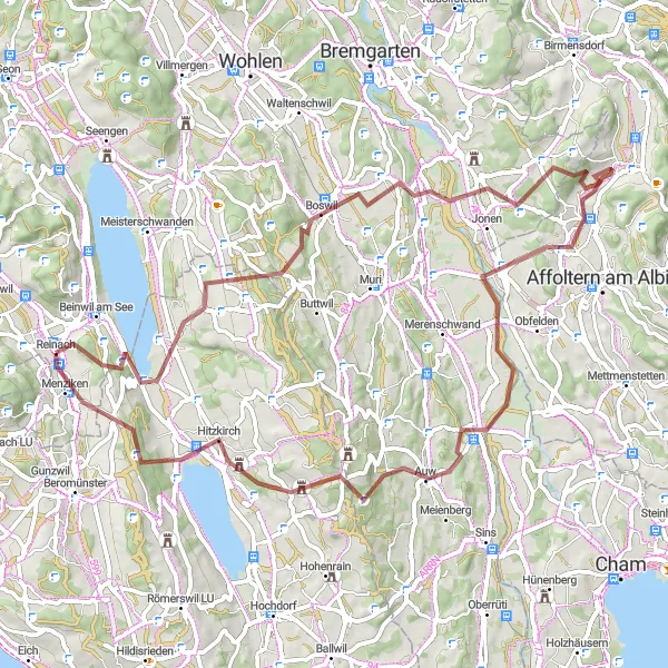 Mapa miniatúra "Okruh na štrkových cestách z Reinachu do Menziken" cyklistická inšpirácia v Nordwestschweiz, Switzerland. Vygenerované cyklistickým plánovačom trás Tarmacs.app