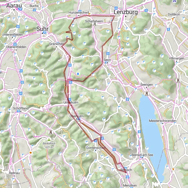 Kartminiatyr av "Grusveier rundt Reinach" sykkelinspirasjon i Nordwestschweiz, Switzerland. Generert av Tarmacs.app sykkelrutoplanlegger