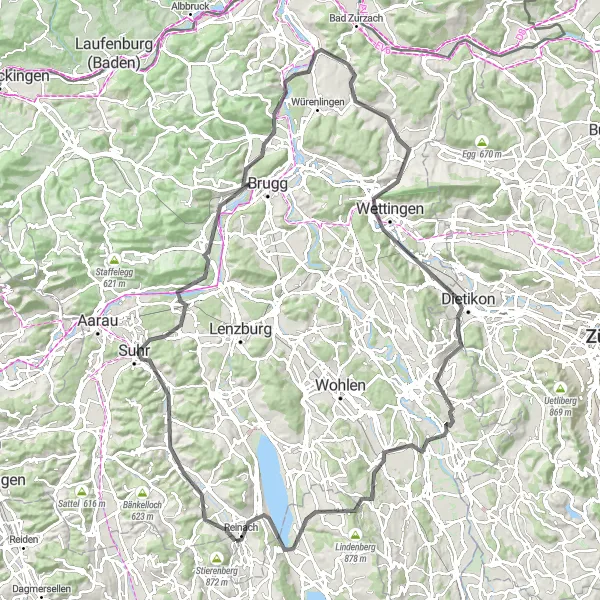 Kartminiatyr av "Fjell og daler sykkeltur fra Reinach til Beinwil am See" sykkelinspirasjon i Nordwestschweiz, Switzerland. Generert av Tarmacs.app sykkelrutoplanlegger