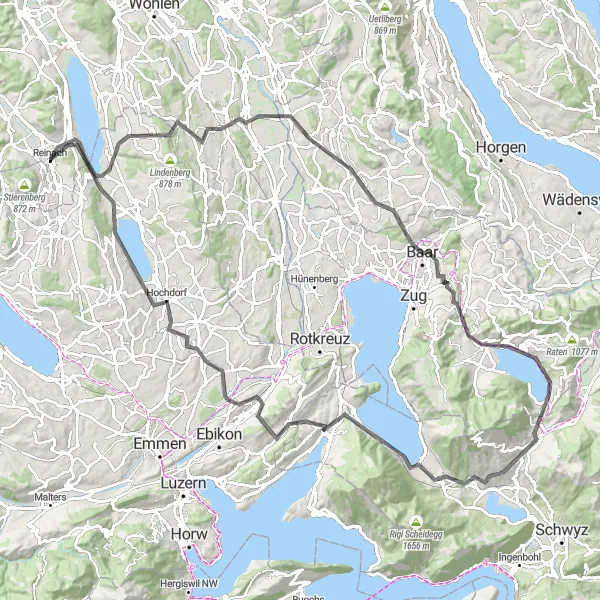 Mapa miniatúra "Cesta okolo jezera Ägerisee" cyklistická inšpirácia v Nordwestschweiz, Switzerland. Vygenerované cyklistickým plánovačom trás Tarmacs.app