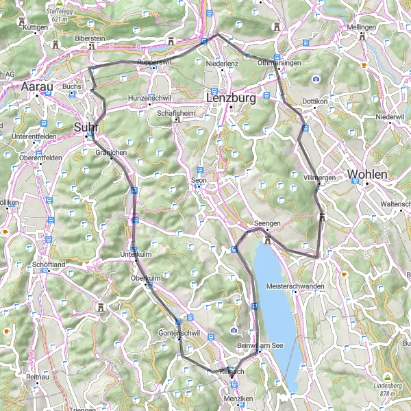 Miniature de la carte de l'inspiration cycliste "Parcours pittoresque de 59 km en vélo de route près de Reinach" dans la Nordwestschweiz, Switzerland. Générée par le planificateur d'itinéraire cycliste Tarmacs.app