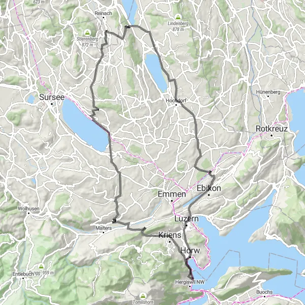 Miniaturekort af cykelinspirationen "Landevejscykelrute til Sempach" i Nordwestschweiz, Switzerland. Genereret af Tarmacs.app cykelruteplanlægger