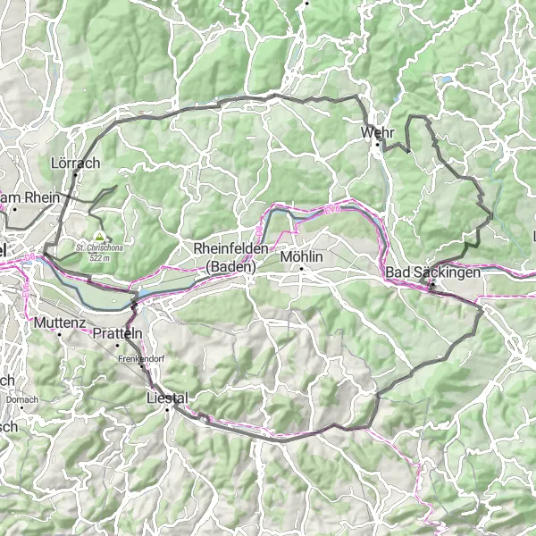 Miniatua del mapa de inspiración ciclista "Ruta desafiante por Schopfheim y Grenzach" en Nordwestschweiz, Switzerland. Generado por Tarmacs.app planificador de rutas ciclistas