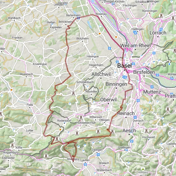 Kartminiatyr av "Röschenz - Forstberg Gravel Trail" cykelinspiration i Nordwestschweiz, Switzerland. Genererad av Tarmacs.app cykelruttplanerare