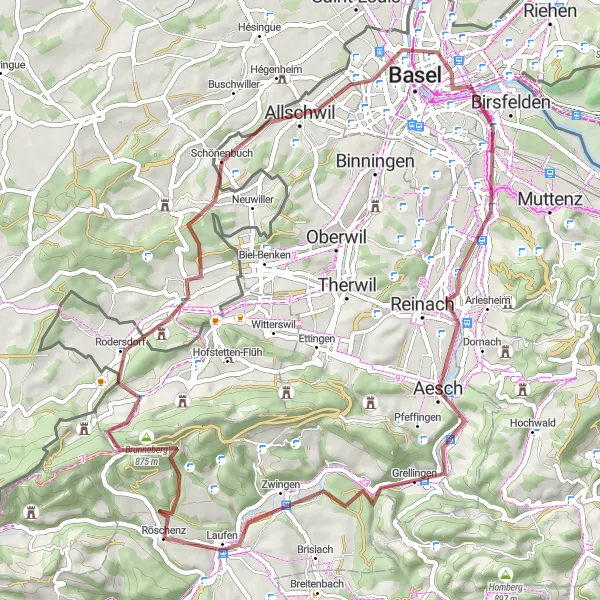 Miniatua del mapa de inspiración ciclista "Ruta de Grava alrededor de Röschenz" en Nordwestschweiz, Switzerland. Generado por Tarmacs.app planificador de rutas ciclistas