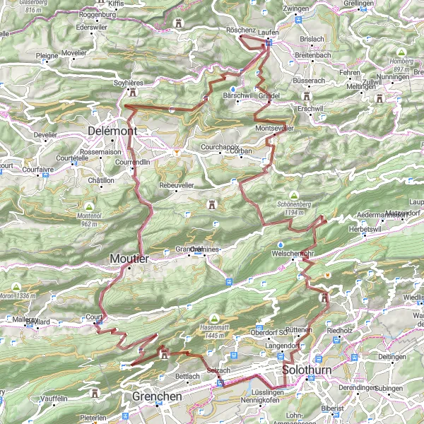 Map miniature of "Laufen to Löffelberg Gravel Route" cycling inspiration in Nordwestschweiz, Switzerland. Generated by Tarmacs.app cycling route planner