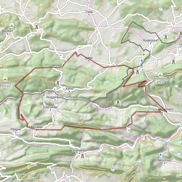 Miniatura della mappa di ispirazione al ciclismo "Avventura in Gravel tra Röschenz e dintorni" nella regione di Nordwestschweiz, Switzerland. Generata da Tarmacs.app, pianificatore di rotte ciclistiche