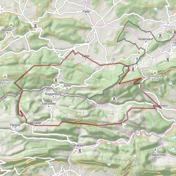 Miniatura mapy "Trasa Gravelowa przez Räschberg i Col du Neuneich" - trasy rowerowej w Nordwestschweiz, Switzerland. Wygenerowane przez planer tras rowerowych Tarmacs.app