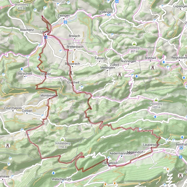 Map miniature of "Erschwil to Laufen Gravel Route" cycling inspiration in Nordwestschweiz, Switzerland. Generated by Tarmacs.app cycling route planner