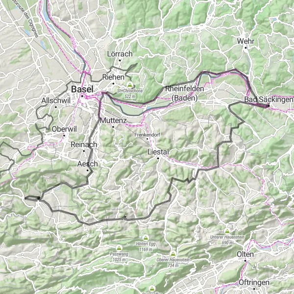 Miniatuurkaart van de fietsinspiratie "Wegroute van Röschenz naar Laufen en terug" in Nordwestschweiz, Switzerland. Gemaakt door de Tarmacs.app fietsrouteplanner