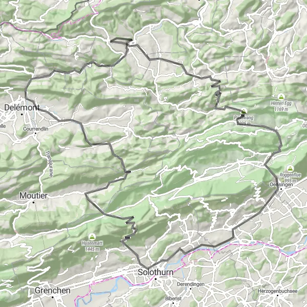 Map miniature of "Chilchberg to Liesberg Road Route" cycling inspiration in Nordwestschweiz, Switzerland. Generated by Tarmacs.app cycling route planner