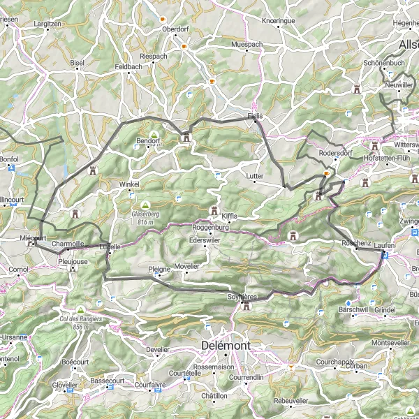 Miniature de la carte de l'inspiration cycliste "Boucle à Travers les Collines" dans la Nordwestschweiz, Switzerland. Générée par le planificateur d'itinéraire cycliste Tarmacs.app