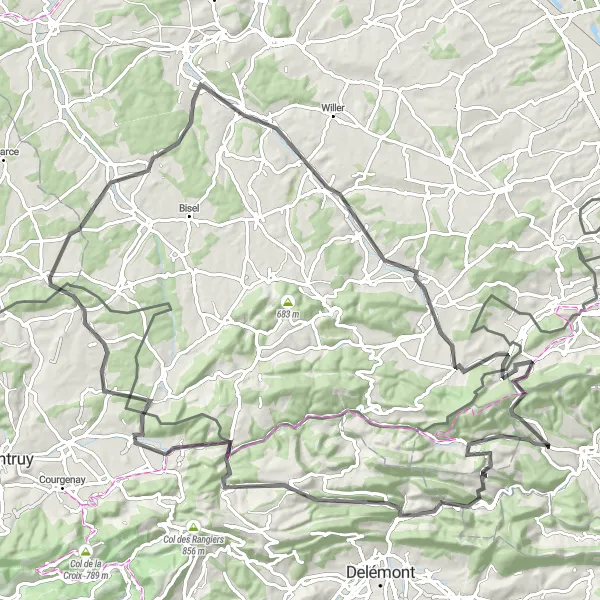 Mapa miniatúra "Scenic Road Tour near Röschenz" cyklistická inšpirácia v Nordwestschweiz, Switzerland. Vygenerované cyklistickým plánovačom trás Tarmacs.app