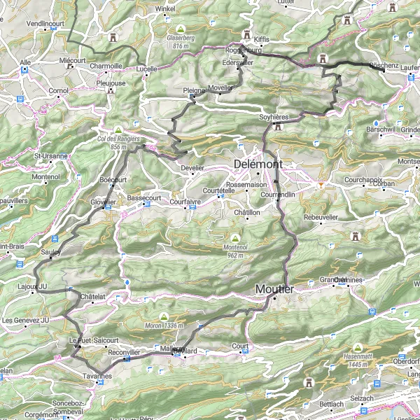 Kartminiatyr av "Sykkeltur til Mont Girod og Boécourt" sykkelinspirasjon i Nordwestschweiz, Switzerland. Generert av Tarmacs.app sykkelrutoplanlegger