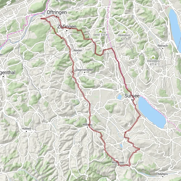 Mapa miniatúra "Gravel cesta cez Menznau a Nebikon." cyklistická inšpirácia v Nordwestschweiz, Switzerland. Vygenerované cyklistickým plánovačom trás Tarmacs.app