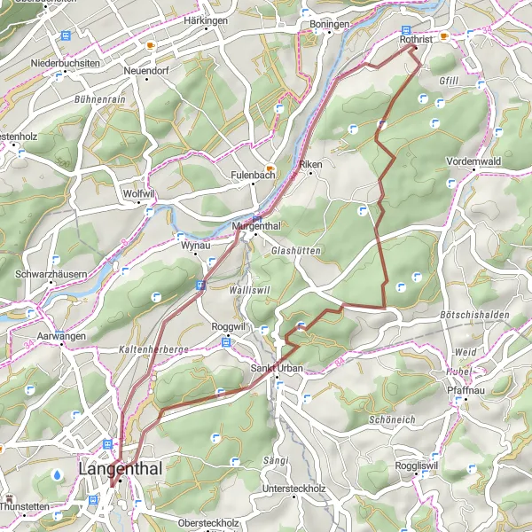 Map miniature of "Rothrist Gravel Adventure" cycling inspiration in Nordwestschweiz, Switzerland. Generated by Tarmacs.app cycling route planner