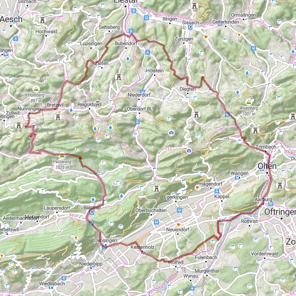 Map miniature of "Rothrist - Passwang Gravel Adventure" cycling inspiration in Nordwestschweiz, Switzerland. Generated by Tarmacs.app cycling route planner