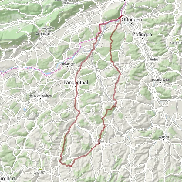 Map miniature of "Rothrist - Huttwil Gravel Ride" cycling inspiration in Nordwestschweiz, Switzerland. Generated by Tarmacs.app cycling route planner