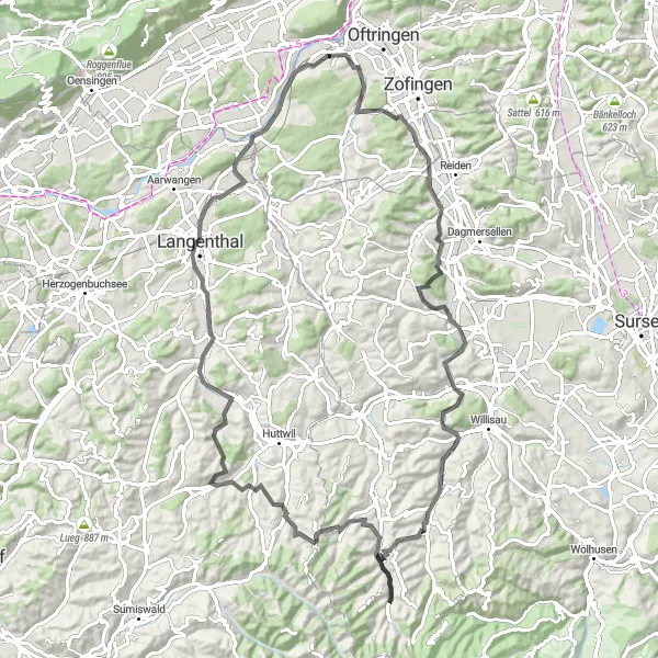 Karten-Miniaturansicht der Radinspiration "Panorama-Fahrt nach Lotzwil und Roggwil" in Nordwestschweiz, Switzerland. Erstellt vom Tarmacs.app-Routenplaner für Radtouren