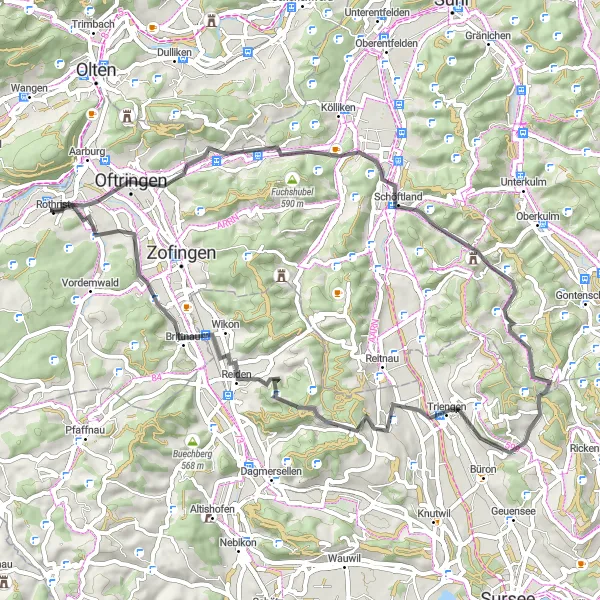 Miniaturekort af cykelinspirationen "Oftringen til Strengelbach" i Nordwestschweiz, Switzerland. Genereret af Tarmacs.app cykelruteplanlægger