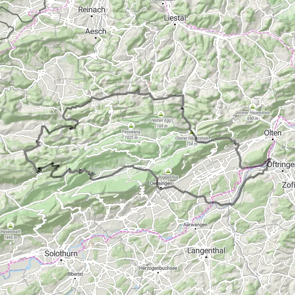 Karttaminiaatyyri "Jura-Aare Radtour" pyöräilyinspiraatiosta alueella Nordwestschweiz, Switzerland. Luotu Tarmacs.app pyöräilyreittisuunnittelijalla