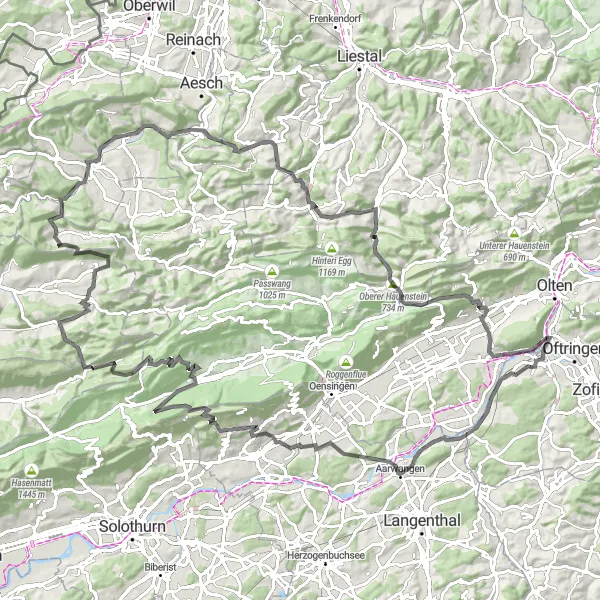 Map miniature of "Discovering Aarwangen Road Journey" cycling inspiration in Nordwestschweiz, Switzerland. Generated by Tarmacs.app cycling route planner