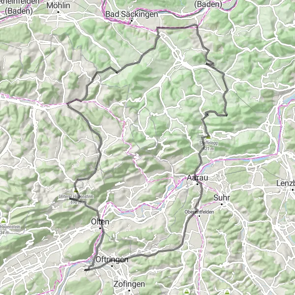 Miniaturekort af cykelinspirationen "Ruiner og bjergture på Staffelegg" i Nordwestschweiz, Switzerland. Genereret af Tarmacs.app cykelruteplanlægger
