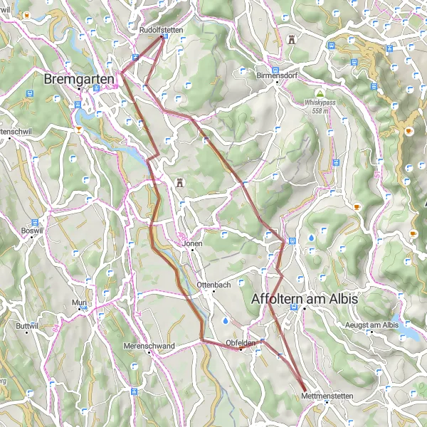 Miniatura della mappa di ispirazione al ciclismo "Esplorazione in bicicletta tra Berikon e Mutschellenpass" nella regione di Nordwestschweiz, Switzerland. Generata da Tarmacs.app, pianificatore di rotte ciclistiche