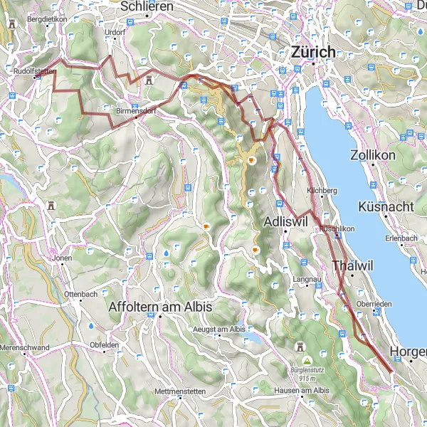 Miniatura mapy "Trasa gravelowa przez Hohbüel, Urdorf, Entlisberg, Rüschlikon, Wollishofen, Birmensdorf i Friedlisberg" - trasy rowerowej w Nordwestschweiz, Switzerland. Wygenerowane przez planer tras rowerowych Tarmacs.app