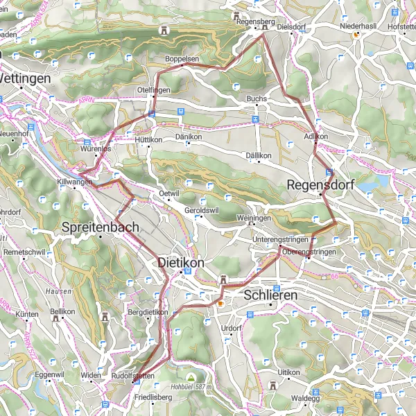 Zemljevid v pomanjšavi "Gravel - Rudolfstetten: Spreitenbach - Friedlisberg" kolesarske inspiracije v Nordwestschweiz, Switzerland. Generirano z načrtovalcem kolesarskih poti Tarmacs.app