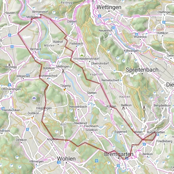 Miniatura mapy "Trasa gravelowa do Mutschellenpass przez Hürst i Stutz" - trasy rowerowej w Nordwestschweiz, Switzerland. Wygenerowane przez planer tras rowerowych Tarmacs.app