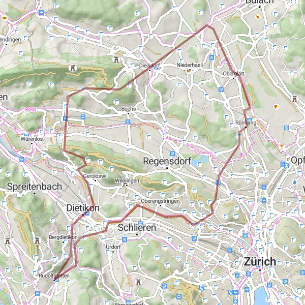 Map miniature of "Bergdietikon and Oberglatt Gravel Route" cycling inspiration in Nordwestschweiz, Switzerland. Generated by Tarmacs.app cycling route planner