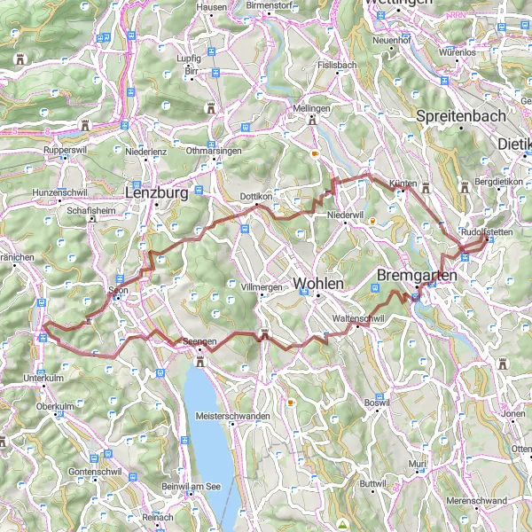 Miniaturekort af cykelinspirationen "Gruscykelrute til Rudolfstetten via Bremgarten og Hallwil" i Nordwestschweiz, Switzerland. Genereret af Tarmacs.app cykelruteplanlægger
