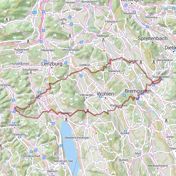 Miniatuurkaart van de fietsinspiratie "Gravel Fietsroute van Rudolfstetten" in Nordwestschweiz, Switzerland. Gemaakt door de Tarmacs.app fietsrouteplanner