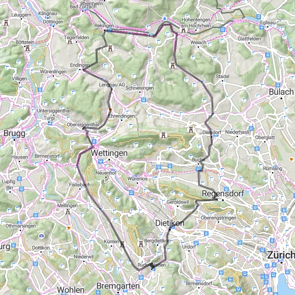 Miniaturekort af cykelinspirationen "Road Route rundt om Rudolfstetten" i Nordwestschweiz, Switzerland. Genereret af Tarmacs.app cykelruteplanlægger