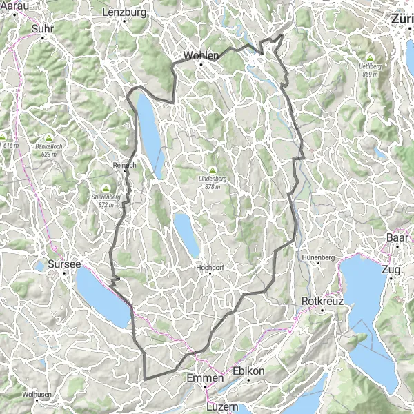 Mapa miniatúra "Okruh na ceste s výstupom 1174 m a vzdialenosťou 102 km" cyklistická inšpirácia v Nordwestschweiz, Switzerland. Vygenerované cyklistickým plánovačom trás Tarmacs.app