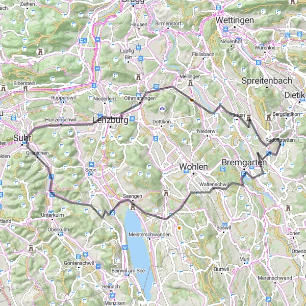 Miniature de la carte de l'inspiration cycliste "Parcours panoramique de Mutschellenpass" dans la Nordwestschweiz, Switzerland. Générée par le planificateur d'itinéraire cycliste Tarmacs.app