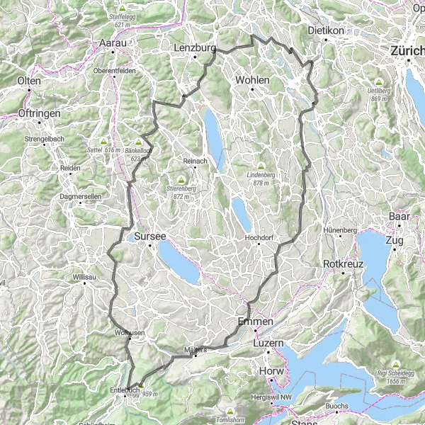 Zemljevid v pomanjšavi "Razburljiva pot od Riffigweiherja do Küntena" kolesarske inspiracije v Nordwestschweiz, Switzerland. Generirano z načrtovalcem kolesarskih poti Tarmacs.app