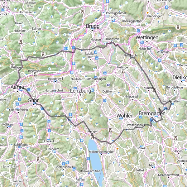 Zemljevid v pomanjšavi "Potovanje čez Mutschellenpass" kolesarske inspiracije v Nordwestschweiz, Switzerland. Generirano z načrtovalcem kolesarskih poti Tarmacs.app