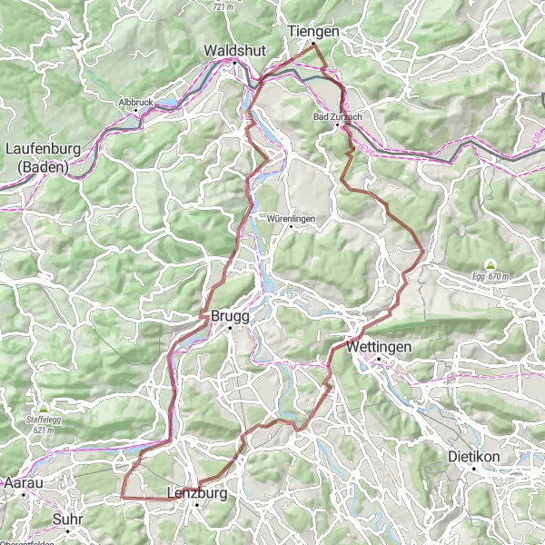 Mapa miniatúra "Gravel okruh cez Wildegg a Lenzburg" cyklistická inšpirácia v Nordwestschweiz, Switzerland. Vygenerované cyklistickým plánovačom trás Tarmacs.app